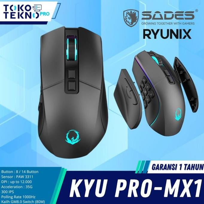 Sades Ryunix KYU Pro MX1 / MX-1 Mouse Gaming Wireless Bluetooth MMO MOBA 3in1 Tri Mode Connection HS