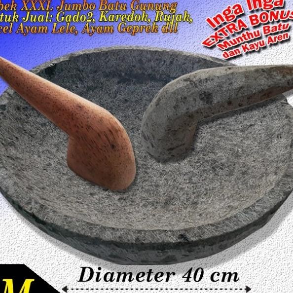 Cobek Batu 40 Cm + Ulekan Batu, Kayu Aren