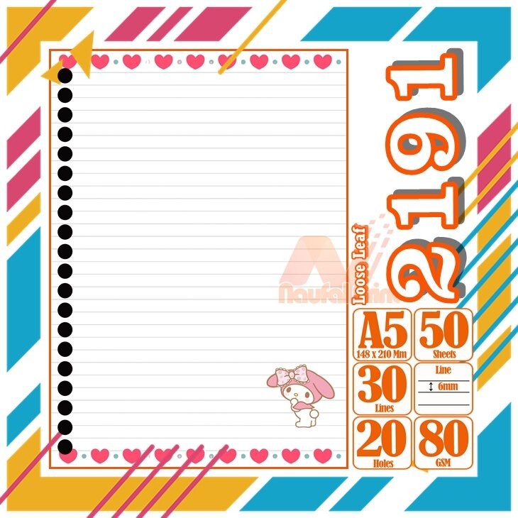 

Kertas Binder A5 Loose Leaf Polos putih Karakter Hello Kitty My Melody Cute Anime Lucu Love Pink Cewe Isi 50 Lembar Vol 9