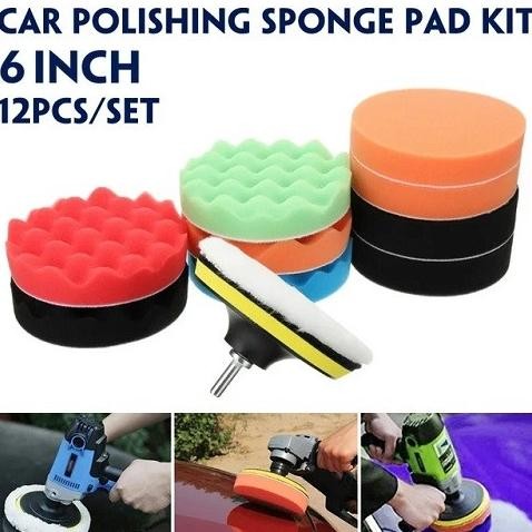 populer] 12 Pcs Busa Spon Poles Compound Waxing Polishing Body Motor Mobil 6" Sponge Pad Velcro 6 In