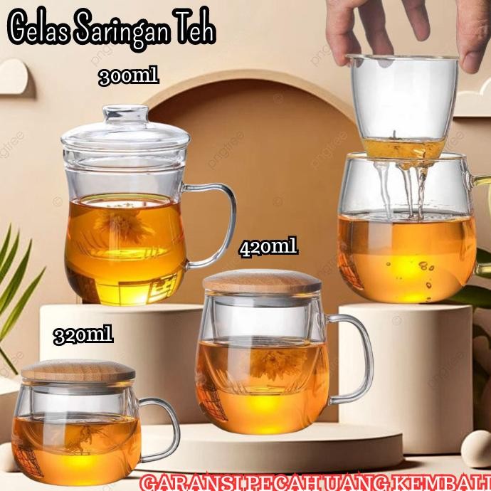 Lariis Gelas Saringan Kaca Aesthetic Unik Tahan Panas Seduh Rempah Teh