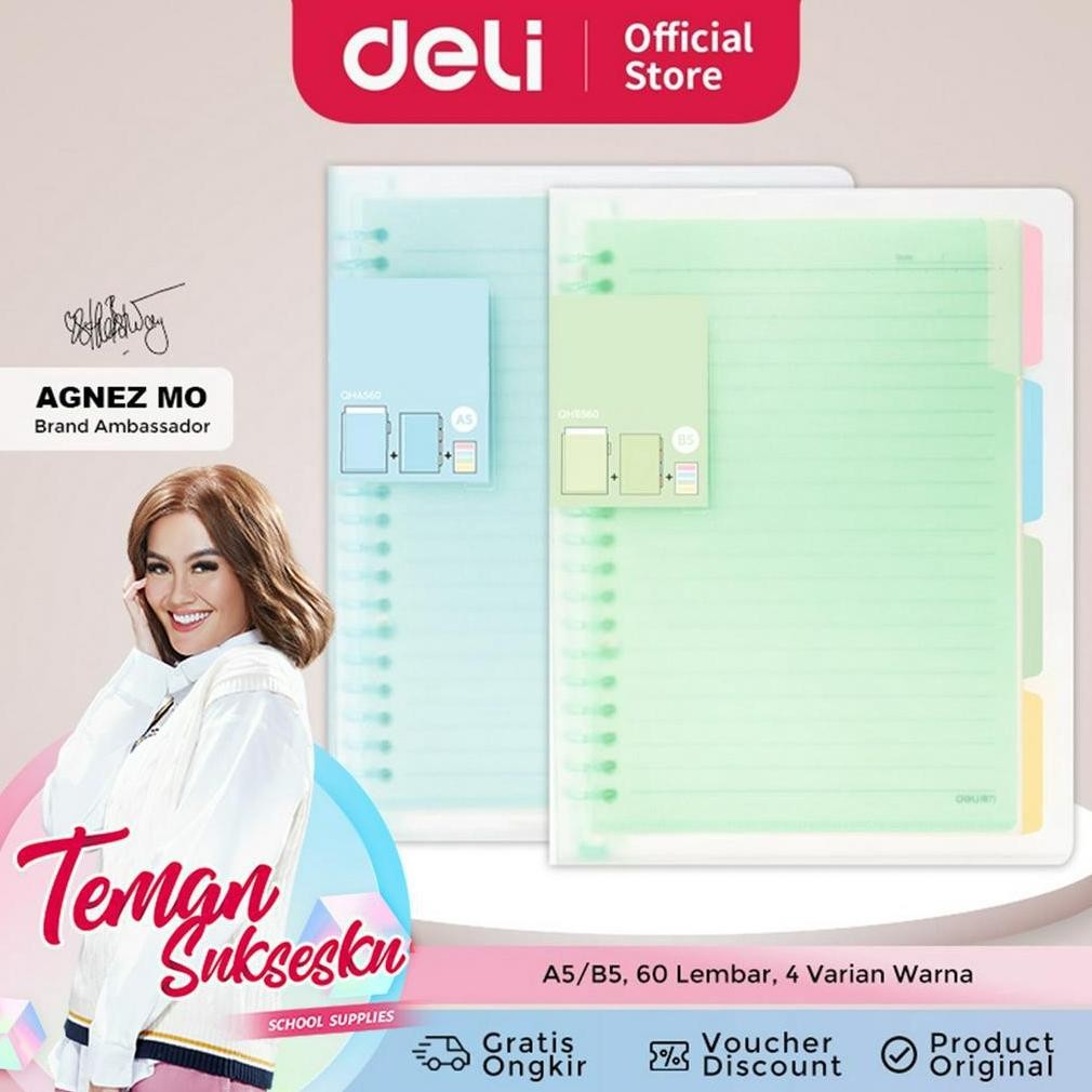 

fth-56 Deli Buku Vivid Lose Leaf Binder A5/B5 60 Halaman Warna Pastel QHA560 QHB560 Premium