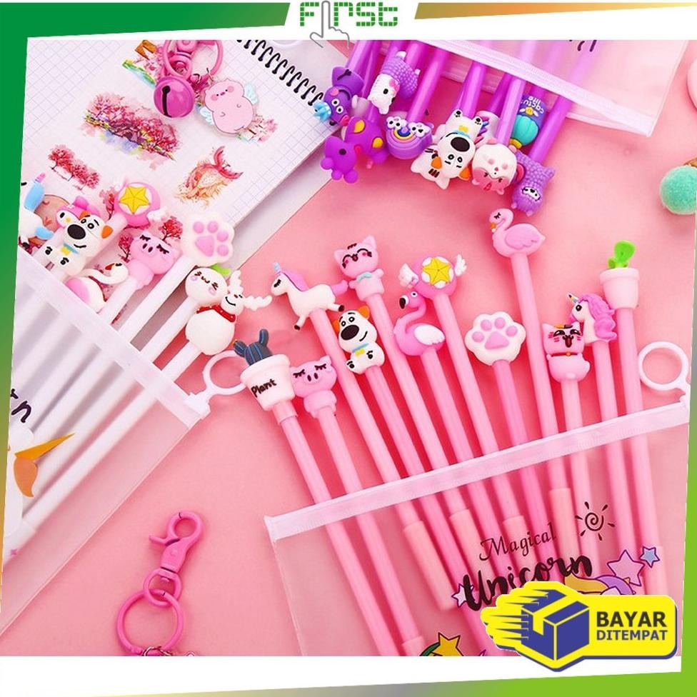 

wwr-76 *COD*FH-A15 Pulpen Gel Karakter Lucu Set Isi 20PCS Pena FREE Zipper Pouch Tempat Pensil Transparan Hemat