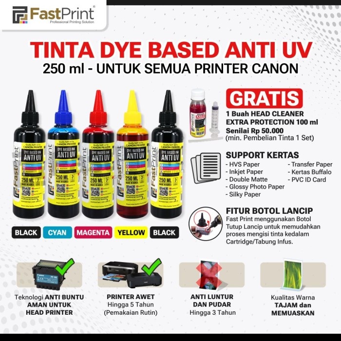 

TINTA DYE BASED ANTI UV CANON 1 SET - 5 WARNA - 250 ML