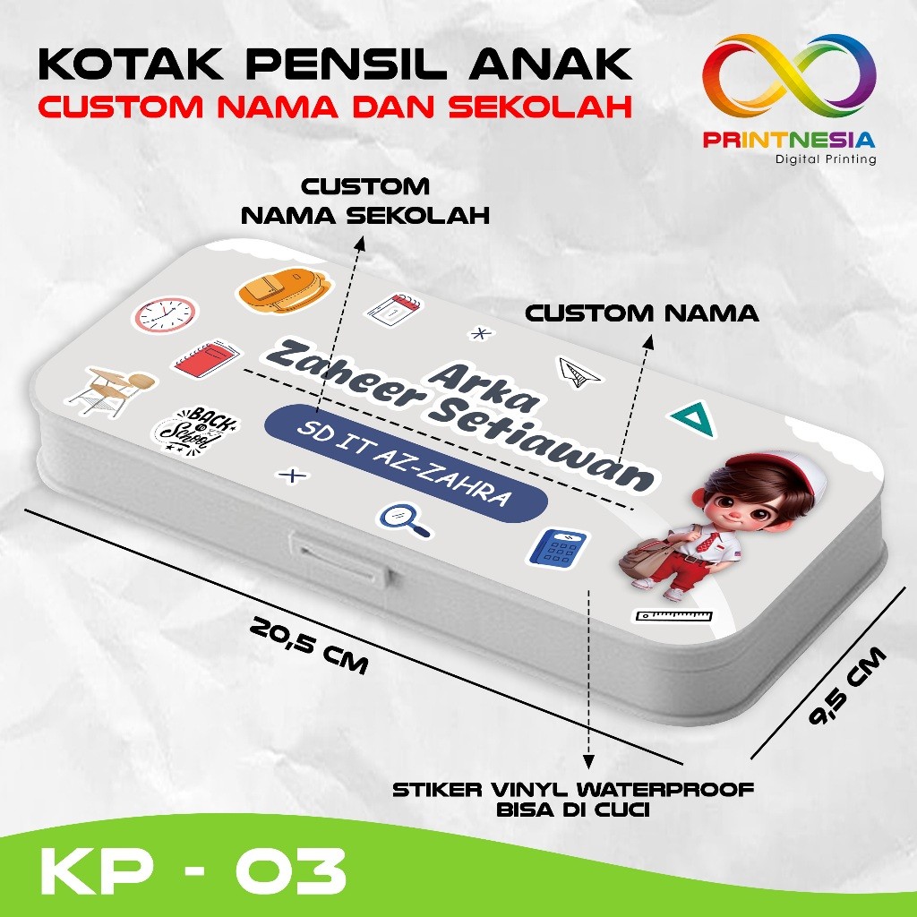 

KQE KOTAK PENSIL ANAK PETAK CUSTOM NAMA DAN SEKOLAH - PRINTNESIA MT3