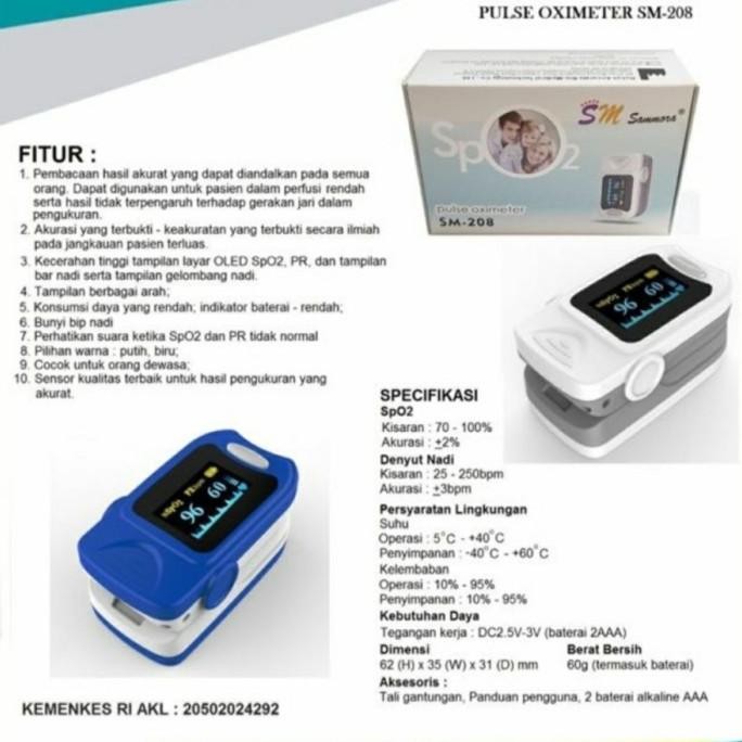 Pulse Oximeter Sammora Sm-208 / Oxymeter / Alat Oksigen Dalam Jari Terbaru