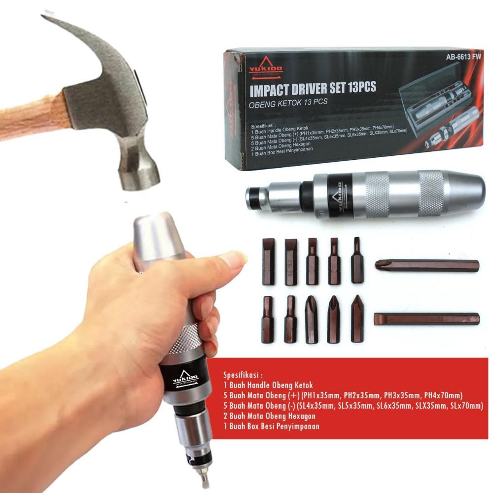 Hot Yukido Obeng Ketok 13 Pcs Gagang Besi Getok Handle Karet Set 7Pcs - Impact Driver Perkakas Tool 