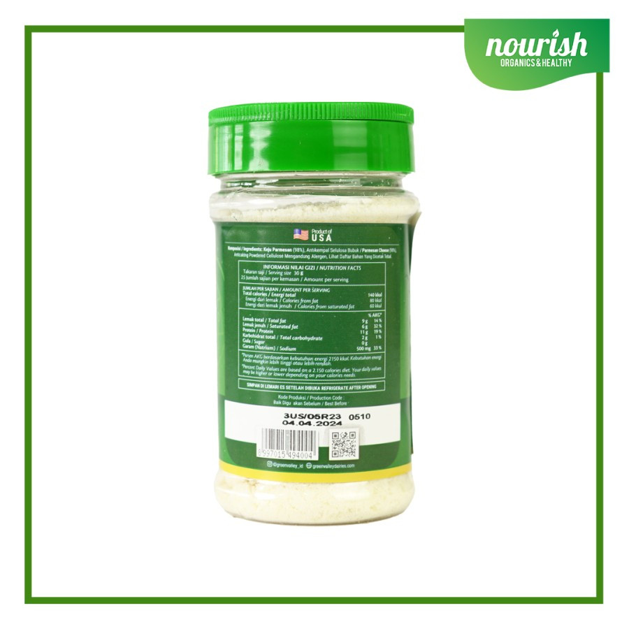 

HA Green Valley Grated Parmesan Cheese / Keju Parmesan Bubuk, HALAL 80g