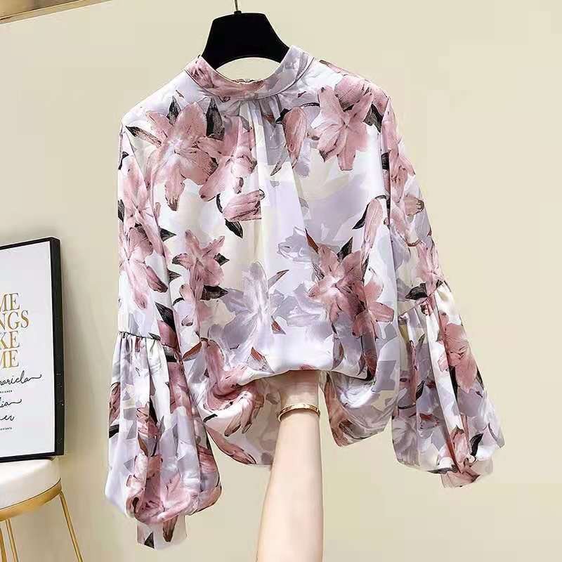 Kemeja Sifon Lengan Panjang, Baju Sifon Motif Bunga, Lengan Panjang, Baju Lengan Lentera untuk Wanit