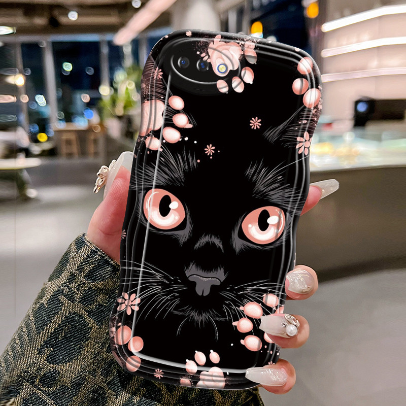 Casing Hp Untuk OPPO A5 A3s A12E Realme C1 Case Casing HP pola kucing hitam Kasing gelombang Softcas