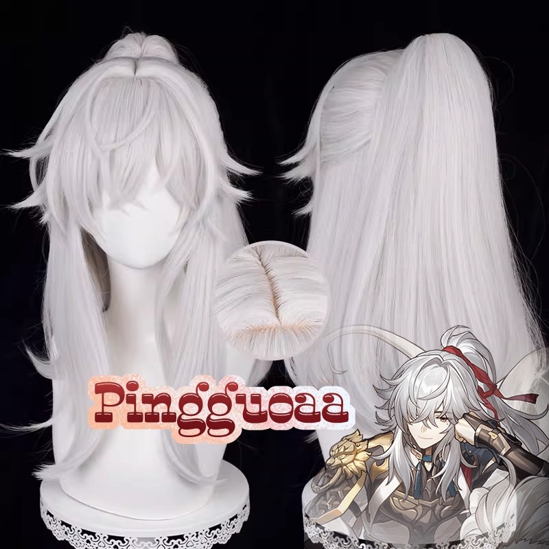 Honkai: Wig Cosplay Star Rail Jing Yuan Wig 50Cm Wig Ekor Kuda Putih Perak Rambut Sintetis Tahan Pan