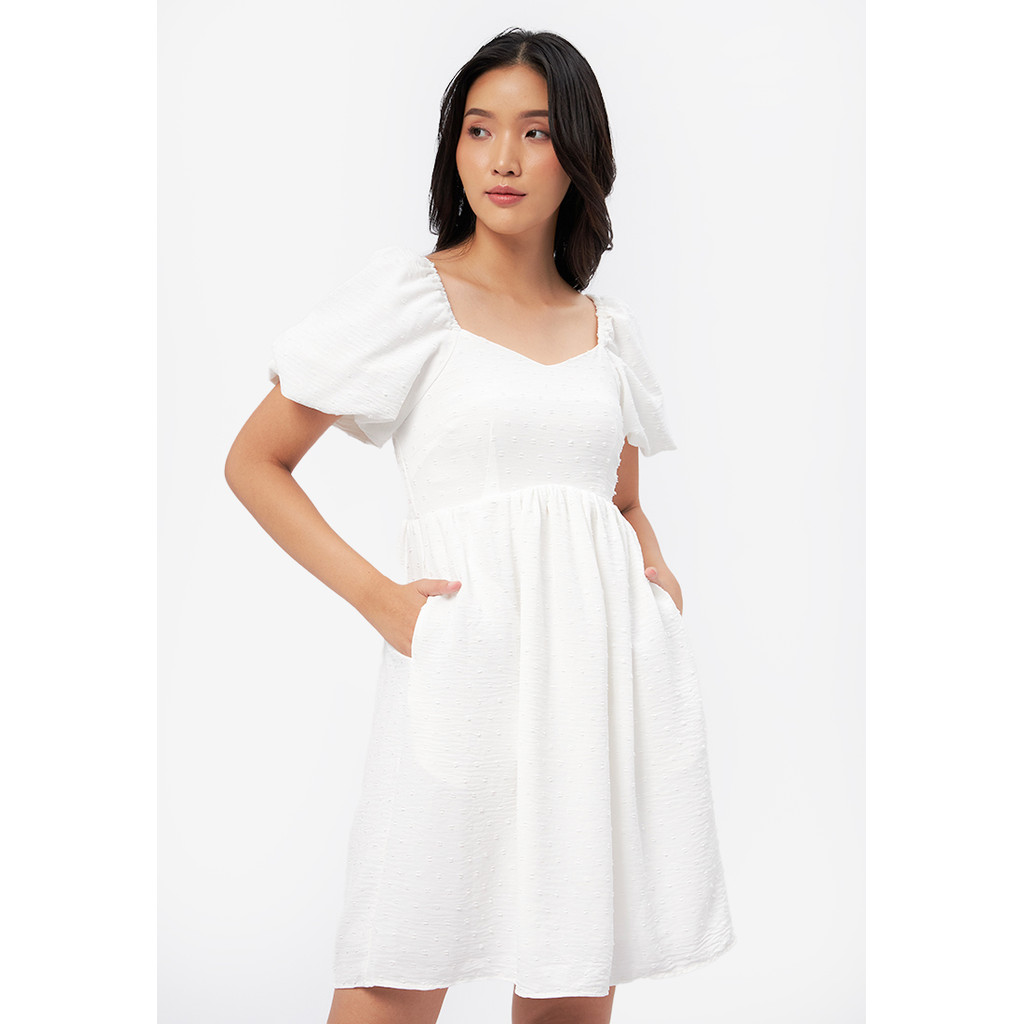 Paling DICARI COLORBOX Puff Sleeves Textured Mini Dress Off White