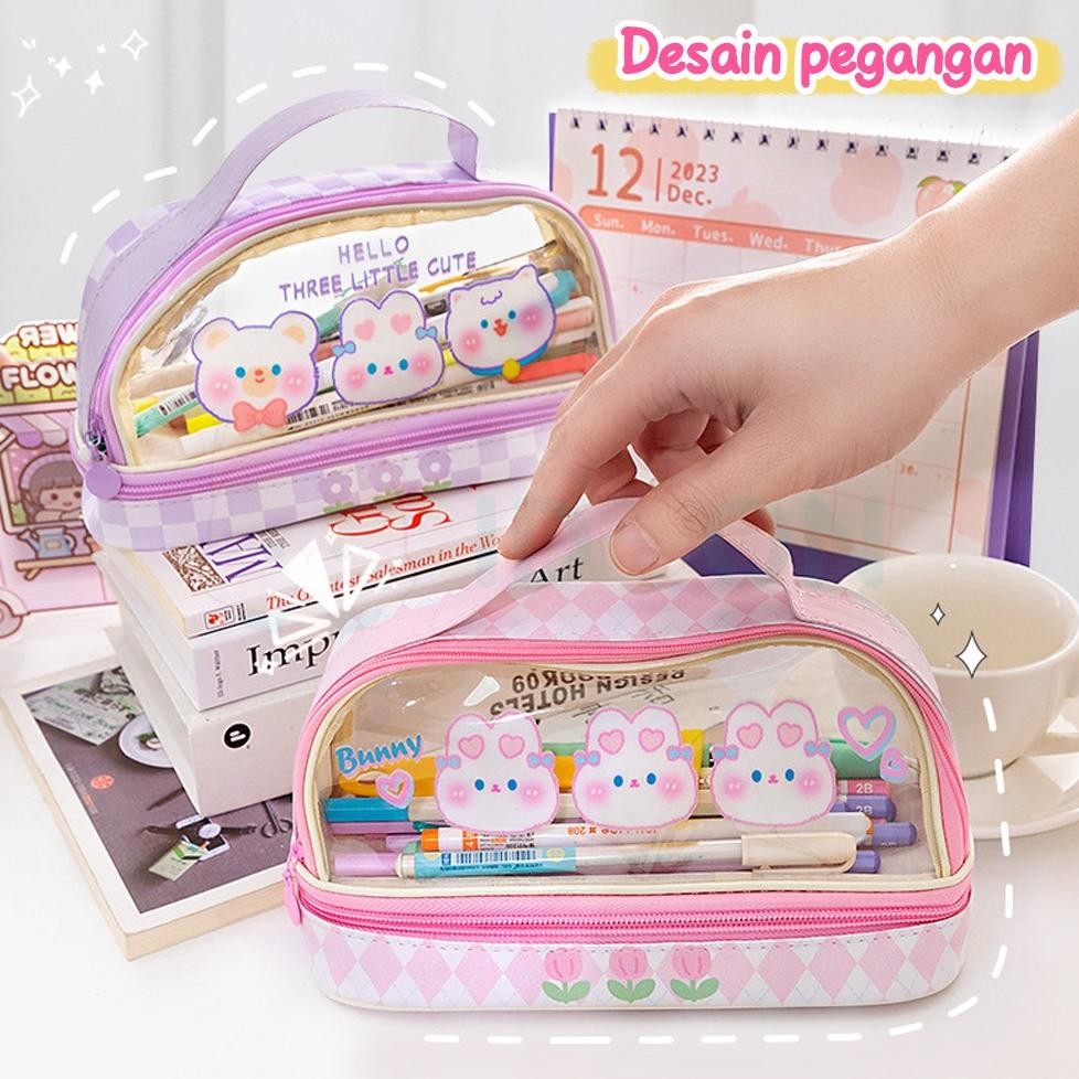 

10.10 Idoon Pencil Case Transparan Korea Tempat Pensil Besar Dua Lapis Kotak Pensil Tempat Pola Hewan Lucu Premium