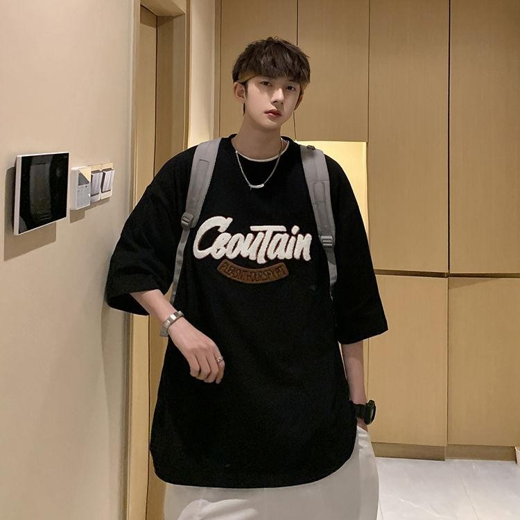 Kaus lengan Pendek tebal 240G Blus Bordir Huruf tren musim panas pria Kaus All-Match Gaya Hong Kong 