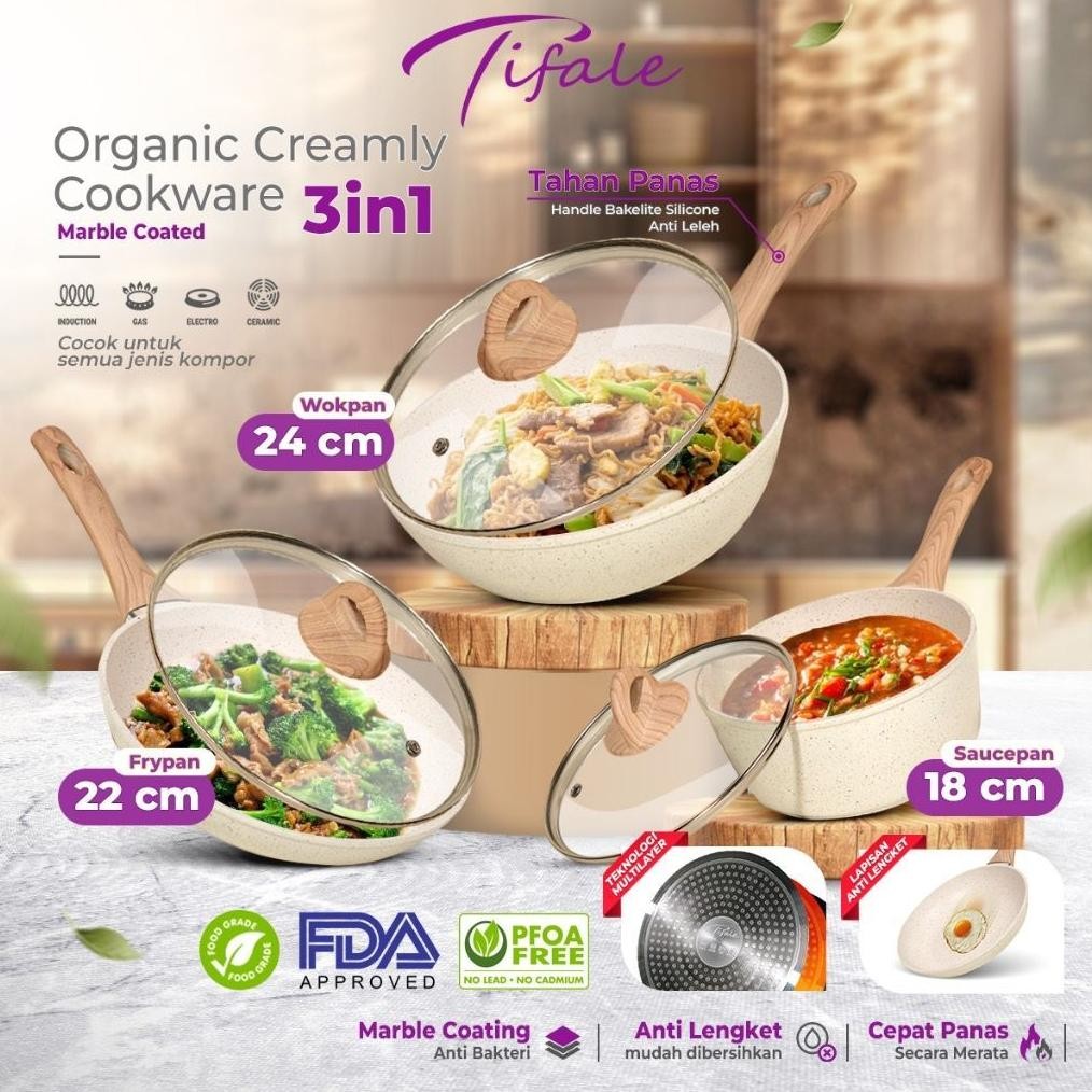 Tifale 3in1 Organic Creamly Cookware Marble CoatedAnti lengket Handle Bakelite Silicone Anti Leleh A