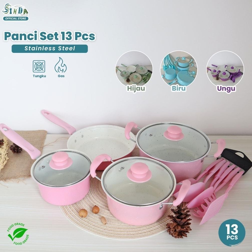 Sinda Panci Set 13pcs Lengkap Warna Frypan Saucepan Cookware Set Free Spatula 13pcs