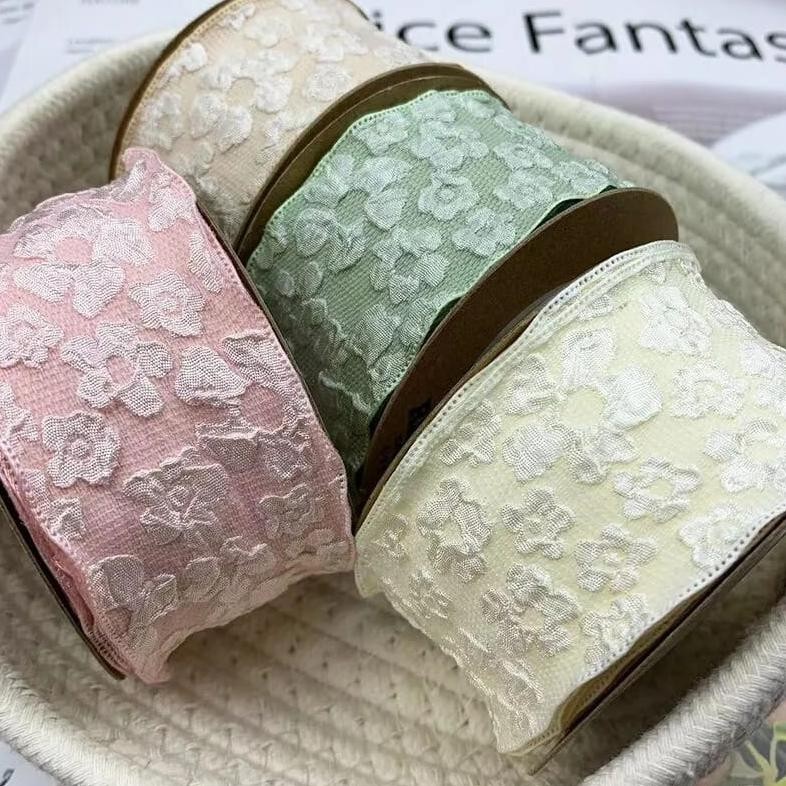 

VIRAL [1 GLG 10 YARD] Pita Kain Crinkle 4 cm Gelombang Motif Bunga PREMIUM Pita Buket Hampers da-17