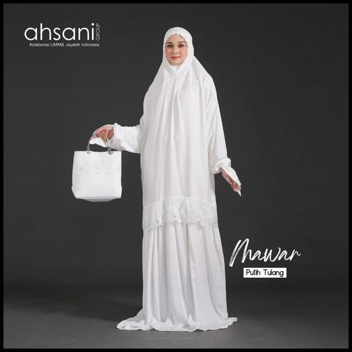 Mukena Terusan Dewasa Ahsani Mawar A20 Rayon Twill Premium Jumbo Putih