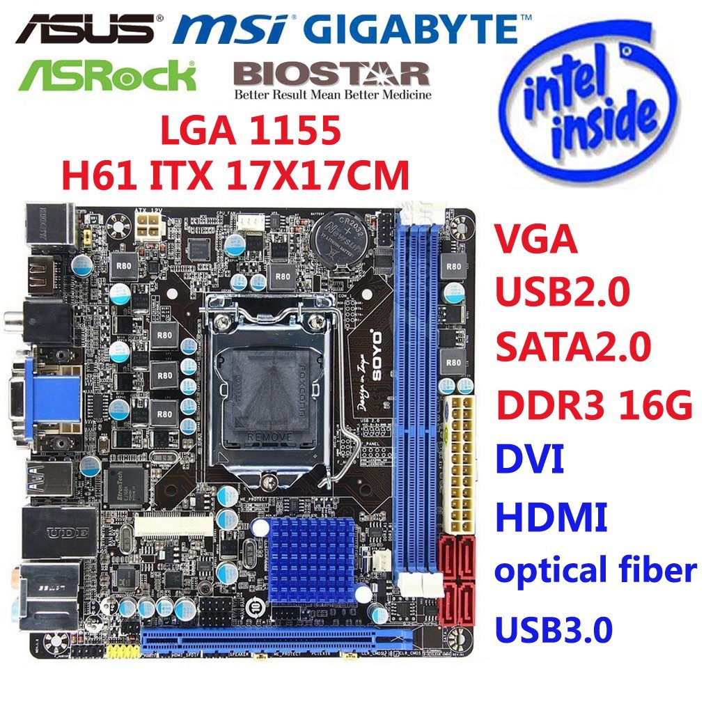 H61 Mini-ITX LGA 1155 DDR3 16GB HDMI H61 Motherboard ITX HTPC Mini 17*17 cm PCI-E 2.0 HDMI VGA SATA2