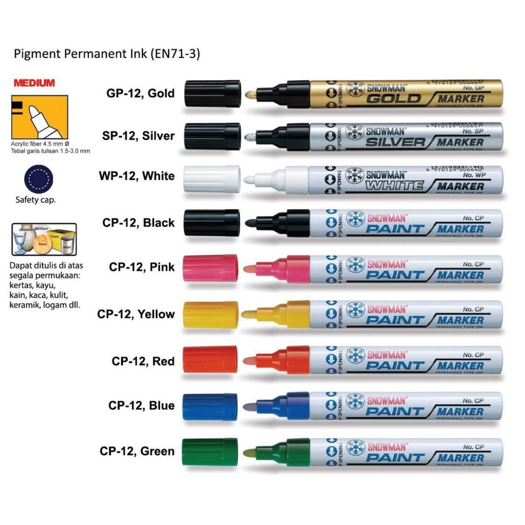 

Spidol Snowman Original Permanent Paint Marker WARNA–untuk Logam, Kayu, Kaca, Plastik, Keramik, Kain
