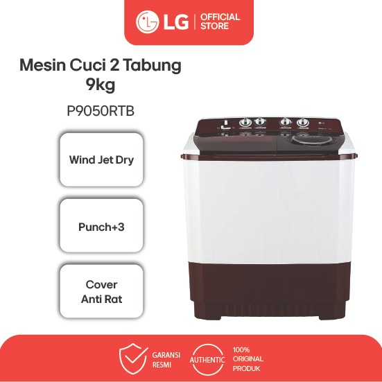 LG Mesin Cuci Twin Tub 9kg - Top Load Roller Jet Pulsator 3 Punch Wind Jet Dry | P9050RTB