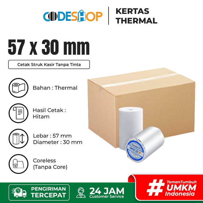 

Terlaris 1 DUS Kertas Thermal Codeshop 57 x 30 mm Roll Printer Struk Kasir 58mm SALE