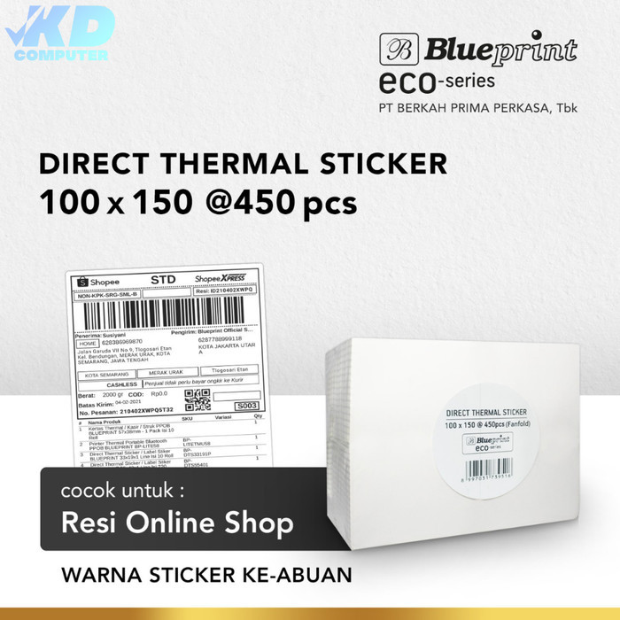 

Terlaris Direct Thermal Sticker Label Resi BLUEPRINT ECO 100x150 mm Isi 450pcs SALE