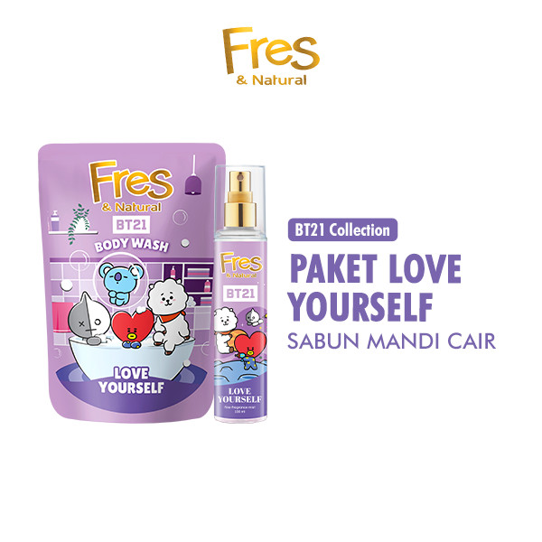 Fres & Natural Sabun Mandi Cair BT21 Love Yourself Pouch 400 ml + Fres & Natural Spray Cologne BT21 