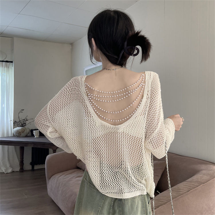 Loose Backless Pearl Chain Long Sleeve Hollow-out Knitted Korean Style Ice Silk Sun Protection Shirt