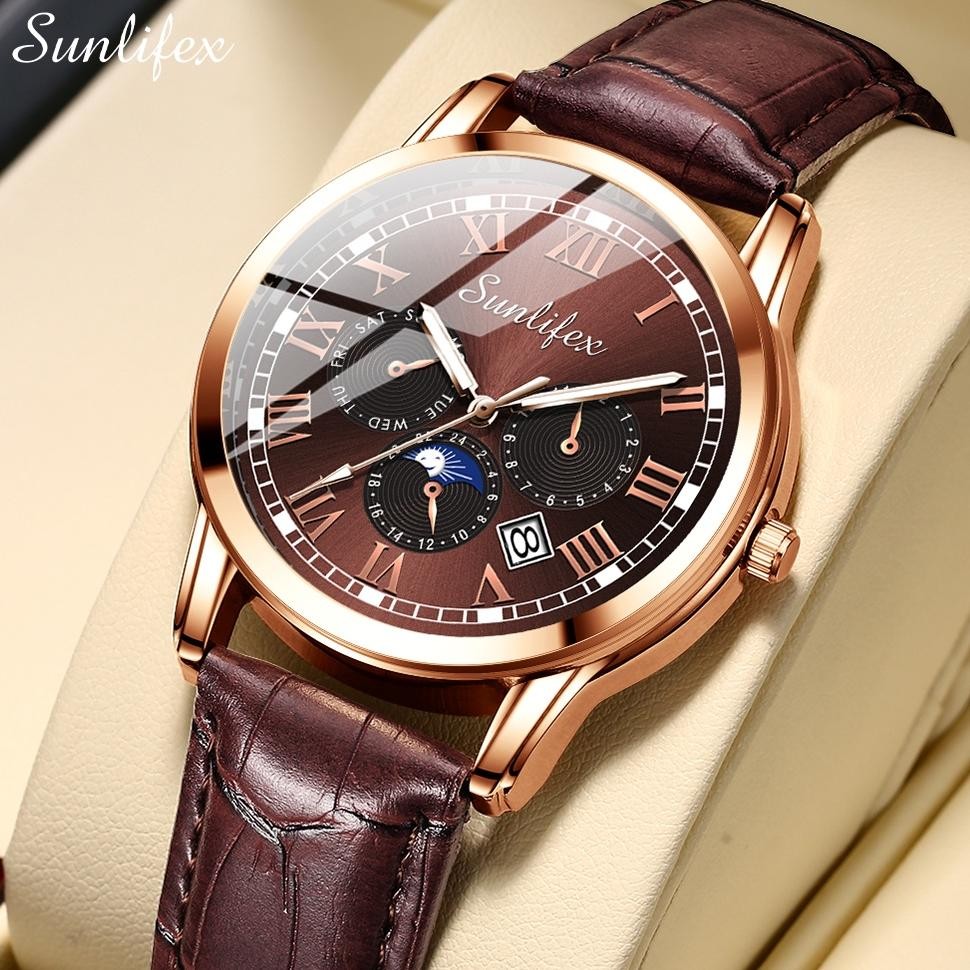 Sunlifex Jam Tangan Pria 7003 Kalender Kuarsa Santai Bisnis Tali Kulit Jam Tangan Cowok