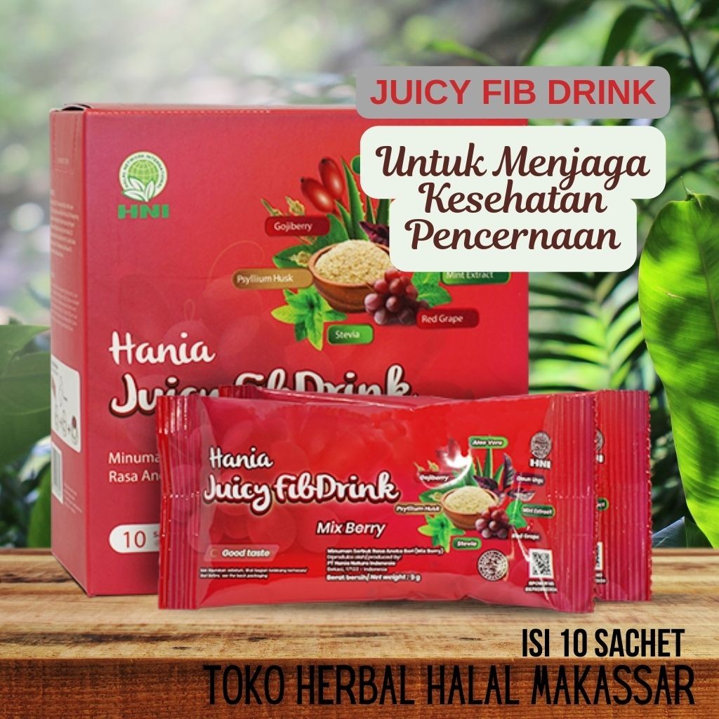 

Hania Juicy Fib Drink isi 10 sachet Minuman serbuk rasa aneka buah untuk mengurangi toksin