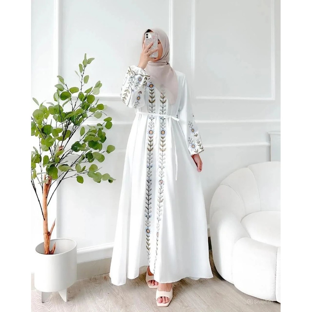 GAMIS CRINGKLE AIRFLOW MIX BORDIR RAUNA DRESS GAMIS PUTIH MUSLIM GAMIS BORDIR TERBARU FUJI DRESS