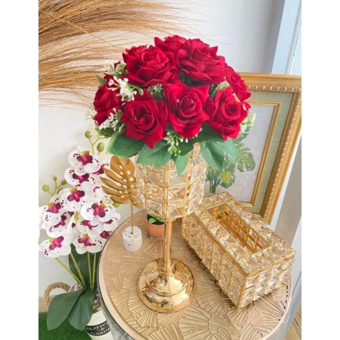 MAWAR BLUDRU VAS KRISTAL PILAR GOLD BUNGA VAS KRISTAL