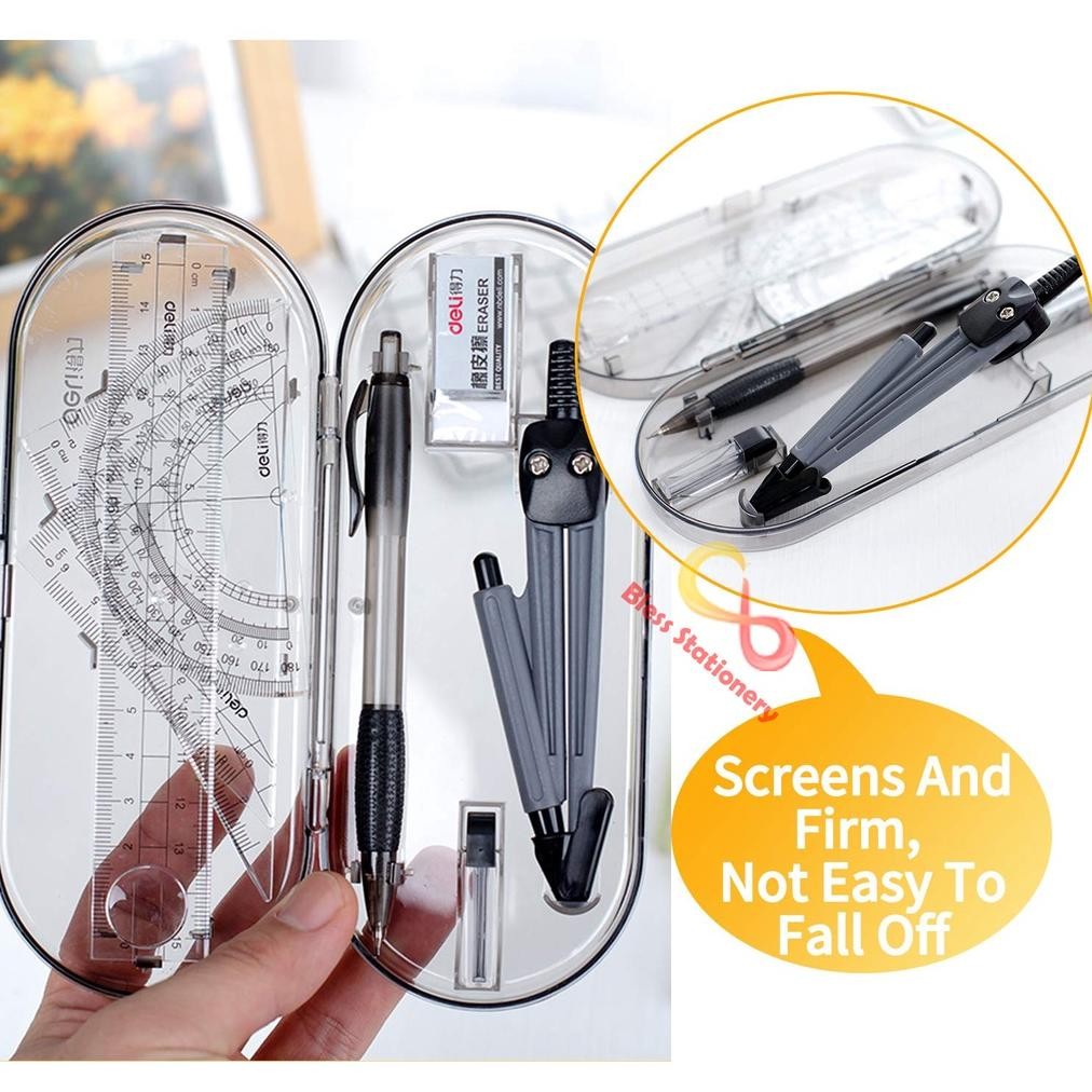 

gh-45 Jangka penggaris busur sekolah DELI Compass Drafting Set Square Ruler Original