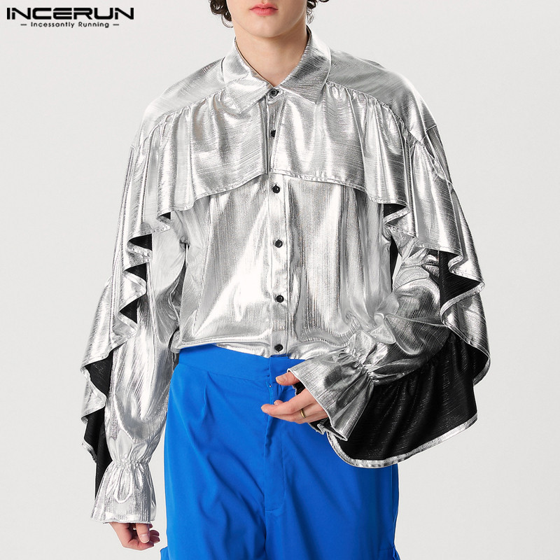 INCERUN Pria Vintage Fashion Ruffled Glitter Lengan Panjang Desain Kemeja |nXcCOXY3|