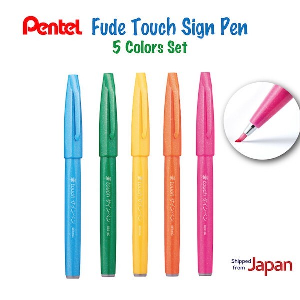 

T E R B A R U Best Pentel Fude Sign Pen 5 Colors (/orange/yellow// Blue) Felt Tip Pe