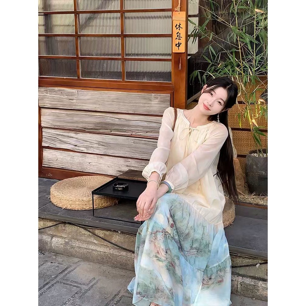 [Cream Winnie]Gaun longgar bermotif elegan rok panjang lembut wanita