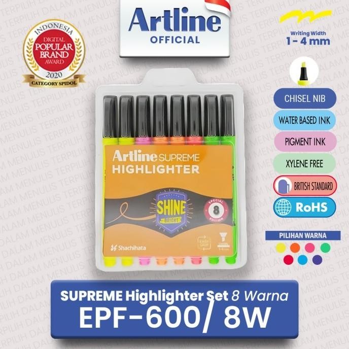 

Artline Spidol Supreme Highlighter Marker Set 8 Colours Epf-600/8W Original Dan Terpercaya