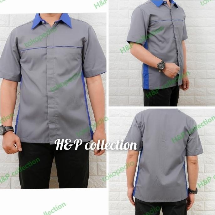 KEMEJA SERAGAM KERJA ABU POLOS COMBI BIRU. HT