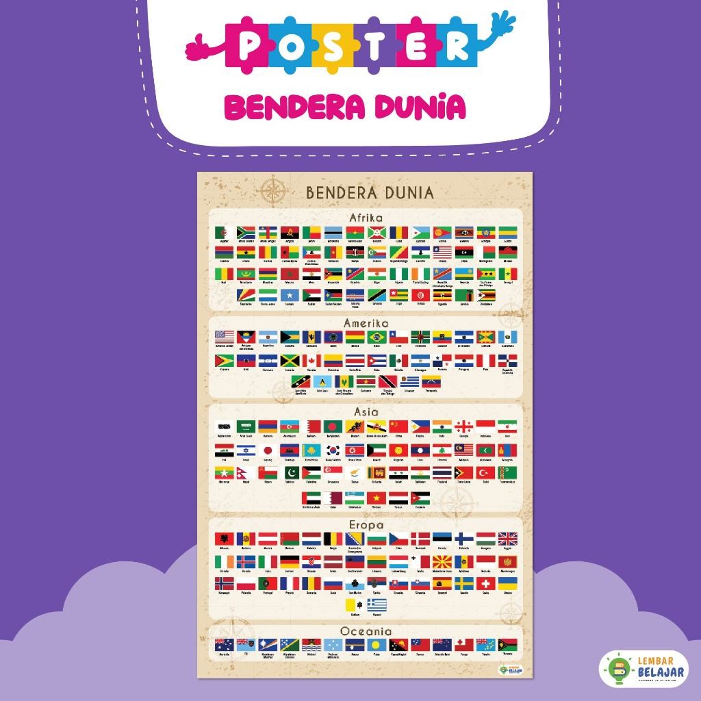 EX421 Poster Edukasi Gambar Bendera Negara Di Dunia CUCI GUDANG