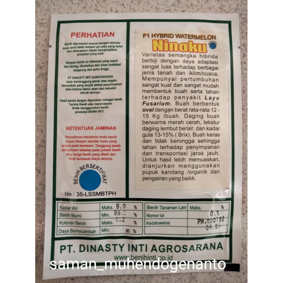 Benih Semangka NINAKU F1 20 Gram Benih Inti - Bibit Semangka NINAKU F1