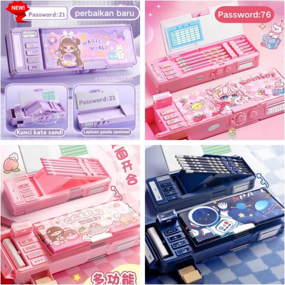 

we-53 Tempat Pensil Multifungsi Motif Unicorn / Dinosaurus / Astronot Untuk Anak Tk/Kotak Pensil Pola Kartun Lapisan Ganda Tunggal dengan Rautan Kapasitas Premium