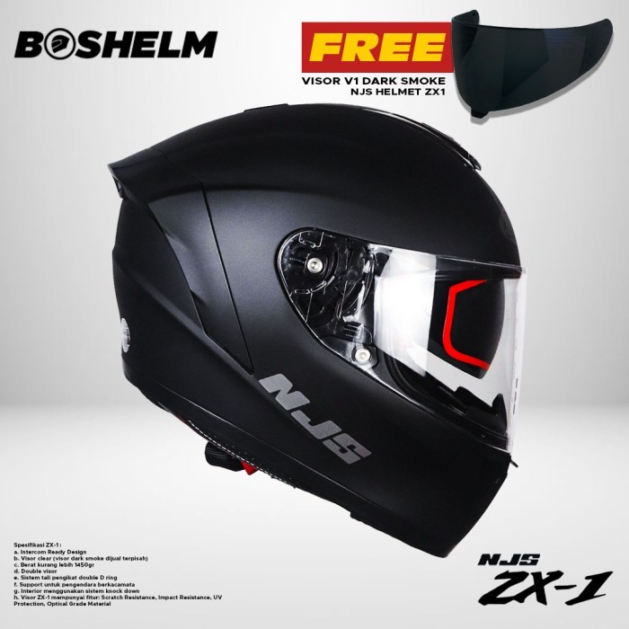 Njs Zx-1 Solid Hitam Doff Helm Full Face Sni