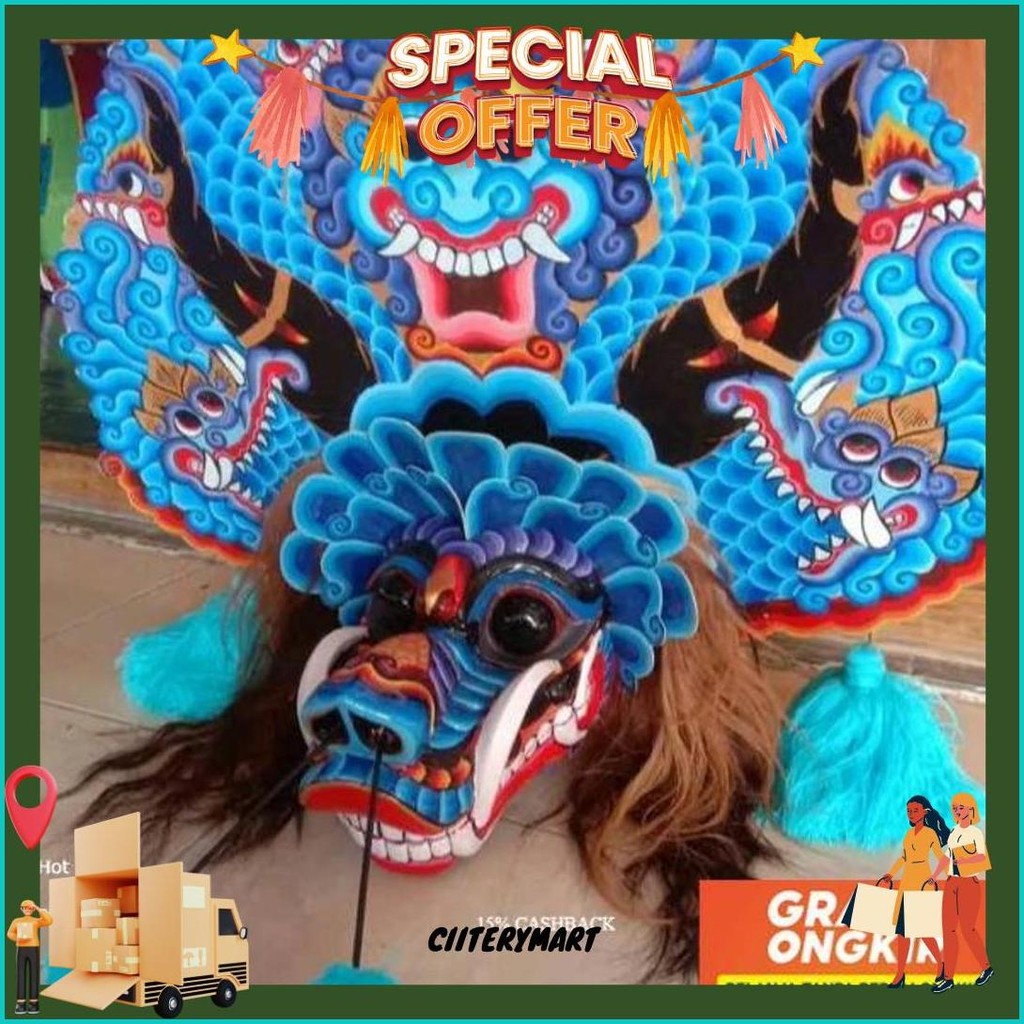[New Barongan Kayu] Barongan Barongan Telon Biru Full Kayu Waru Ukuran 17-18 Ukir Alus  Sale