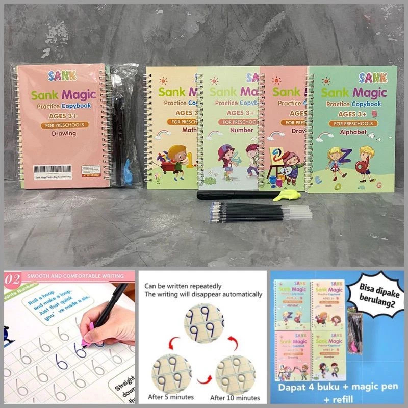 

Buku Latihan Menulis Anak Huruf dan Angka Sank Magic Book 1 Set Isi 4 Buku + Pulpen