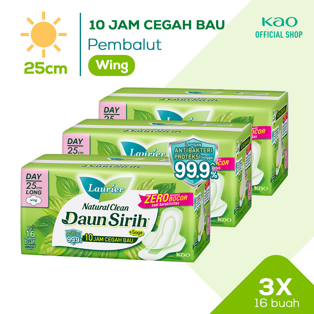 Laurier Daun Sirih Day Series Wing Pembalut 25 cm / isi 16 pads Anti bau dan bakteri Triplepack