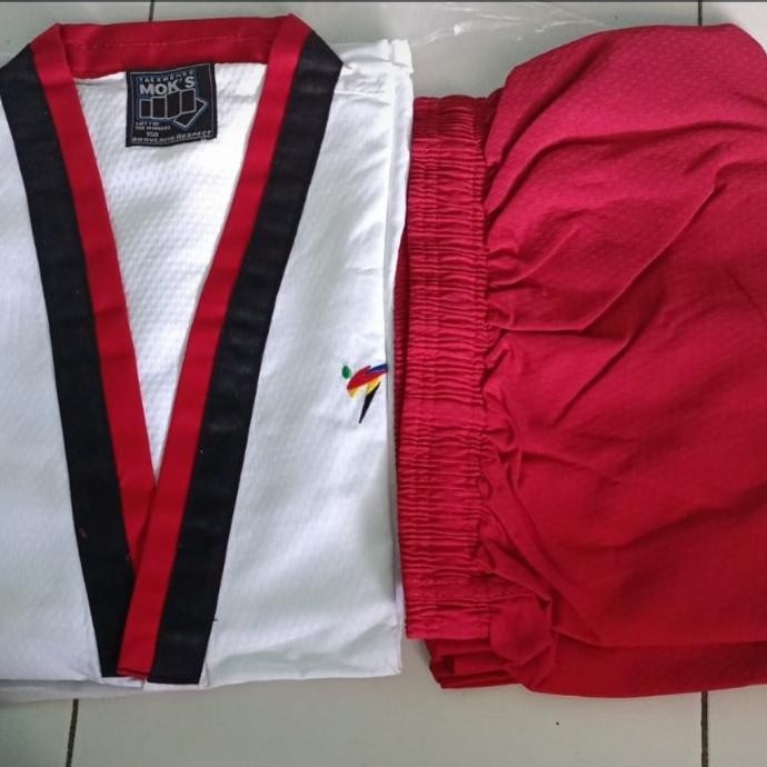 Poomsae Dobok Taekwondo Moks Kerah Poom Merah Hitam Cewek  Ready