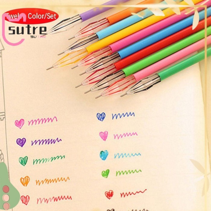 

Terbaru Sutre 12pcs Set Pena Tinta Gel Fashion Alat Tulis Kantor Colorful Pen 100% ori