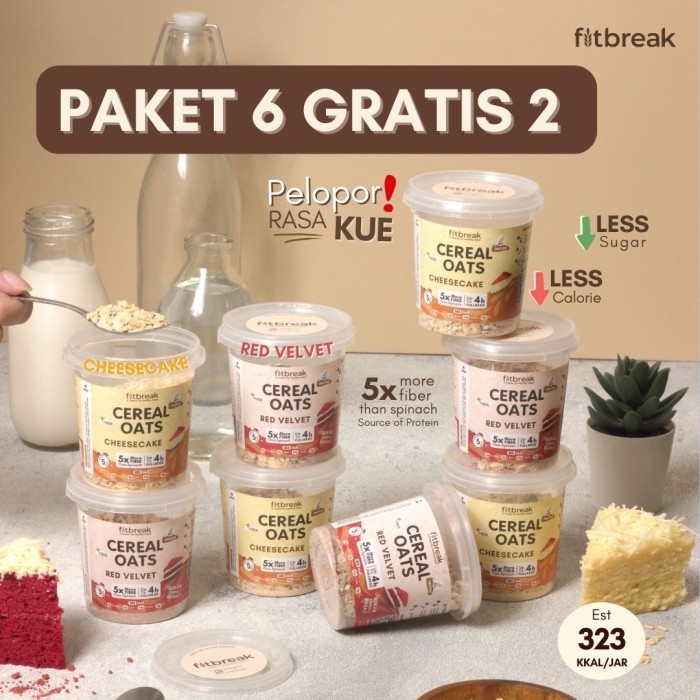 

Paket 6 Gratis 2 Red Velvet Dan Cheesecake Cereal Oats Fitbreak / Healthy Snack / Instant Oats /