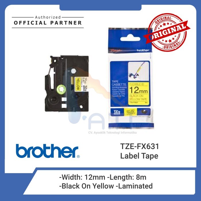 

Brother Label Tape Tze Fx631 Flexible 12Mm Black On Yellow New